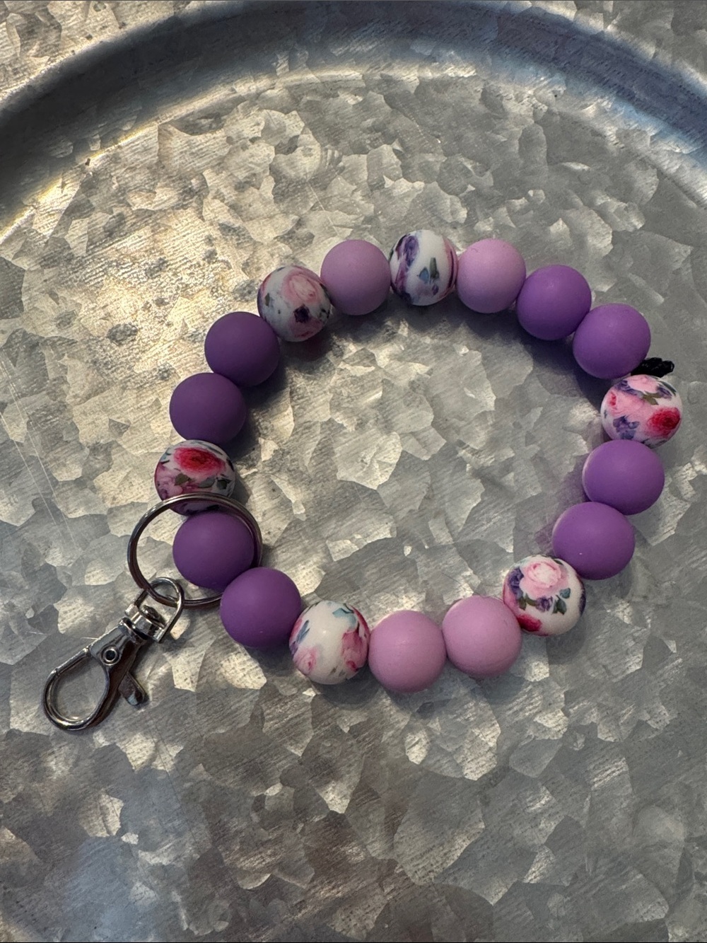 Purple Floral Beaded Key & Card Holder Wristlet